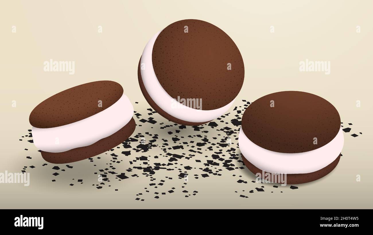 Les brownies au chocolat doux et aérés tombent sur une table recouverte de copeaux de chocolat.Fête de thé maison.Illustration vectorielle réaliste Illustration de Vecteur