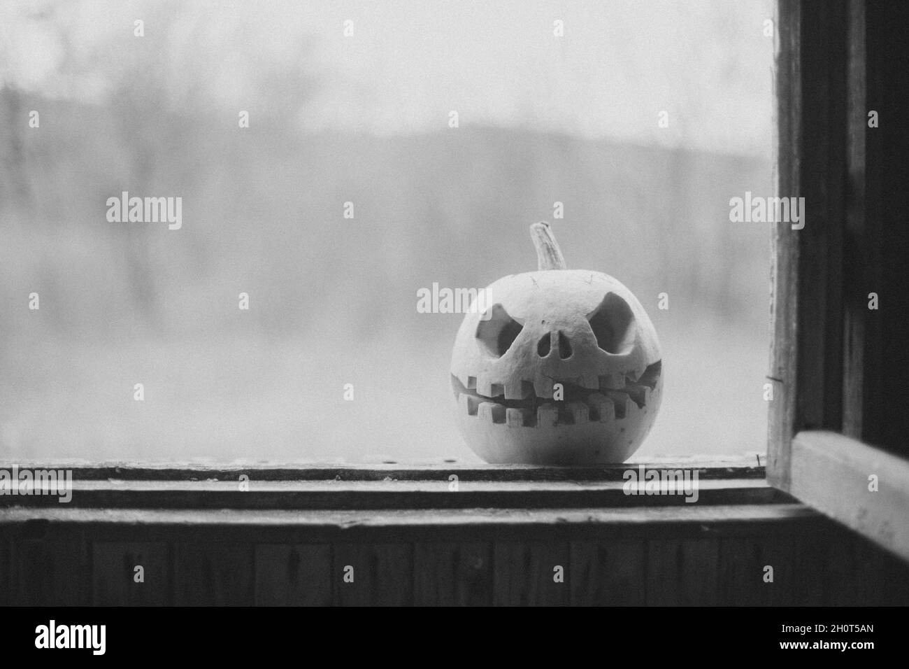 Citrouille d'Halloween dans une grange sombre sur une fenêtre en bois.Arrière-plan effrayant pour l'affiche de célébration de Halloween.Ton noir et blanc.Copier l'espace Banque D'Images