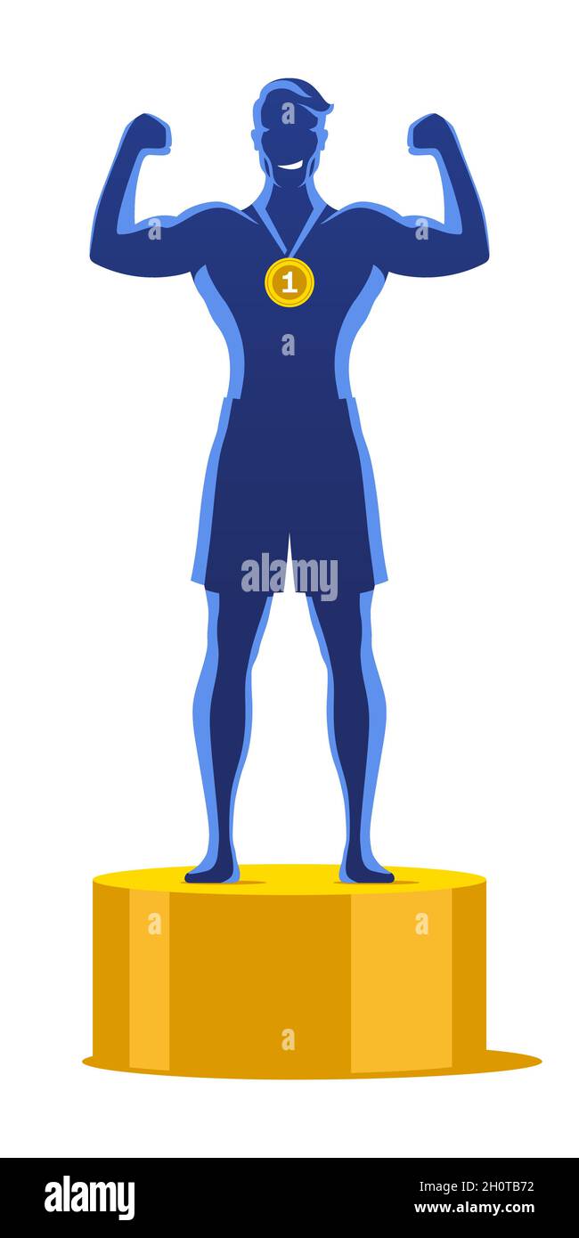 Heureux champion avec les bras levés, debout sur la scène dorée.Sportif vainqueur de la première place, avec une médaille d'or.Illustration du vecteur de concept réussi et gagnant. Illustration de Vecteur