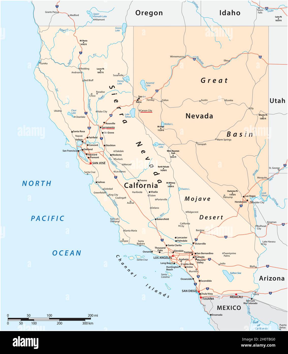 Carte routière vectorielle des États-Unis, Californie et Nevada Illustration de Vecteur