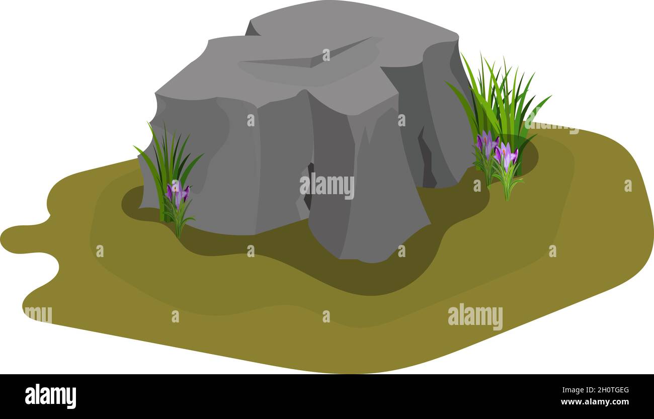 Pierre de roche avec des branches d'herbe et de fleurs de crocus comme un élément attrayant de conception de paysage et dessin animé props vecteur illustration isolée sur blanc Illustration de Vecteur