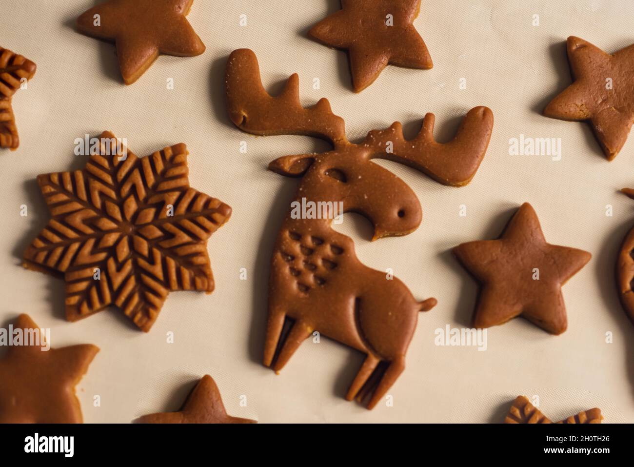 Motif de biscuits de pain d'épice de Noël sous forme d'animaux, flocons de neige Banque D'Images