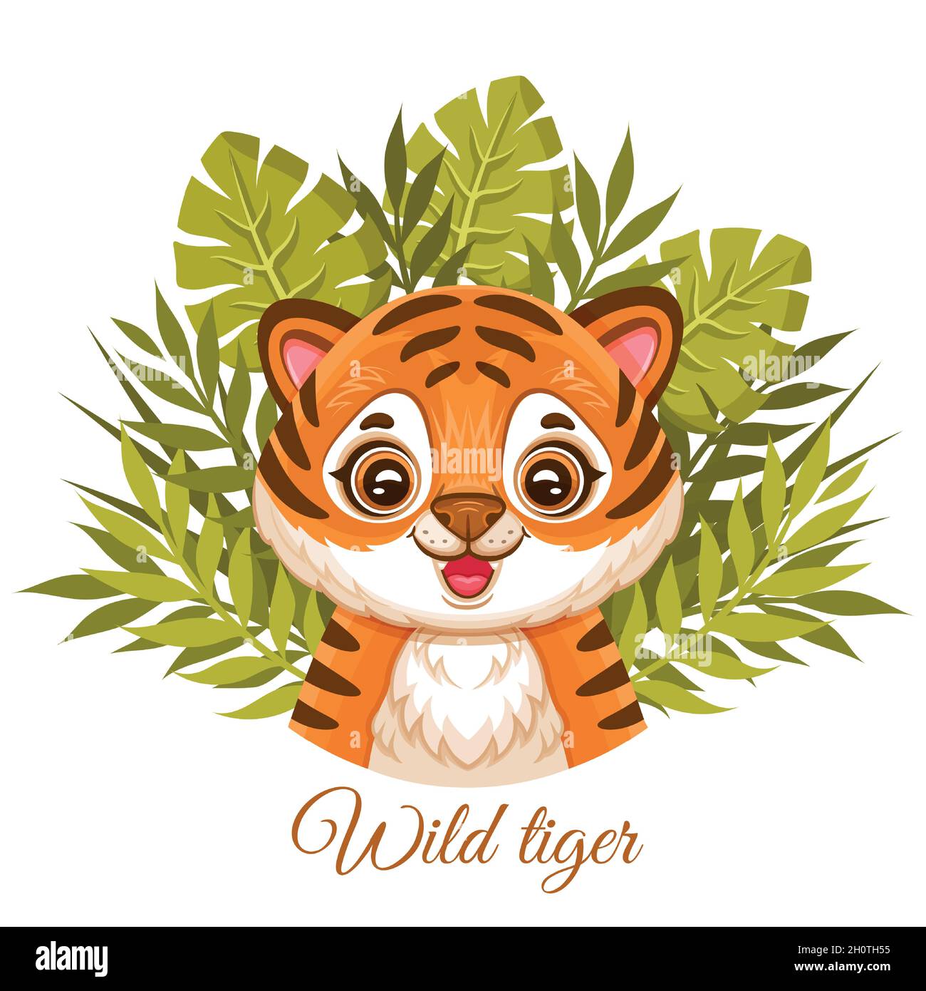 Mignon Petit Tigre Africain Visage Chat Sauvage Jungle Cub Parmi Les Feuilles Tropicales Tete De Chat Sauvage Rayee Petit Chaton Leopard Avec Plantes Vertes Vecteur De Dessin Anime Image Vectorielle Stock Alamy