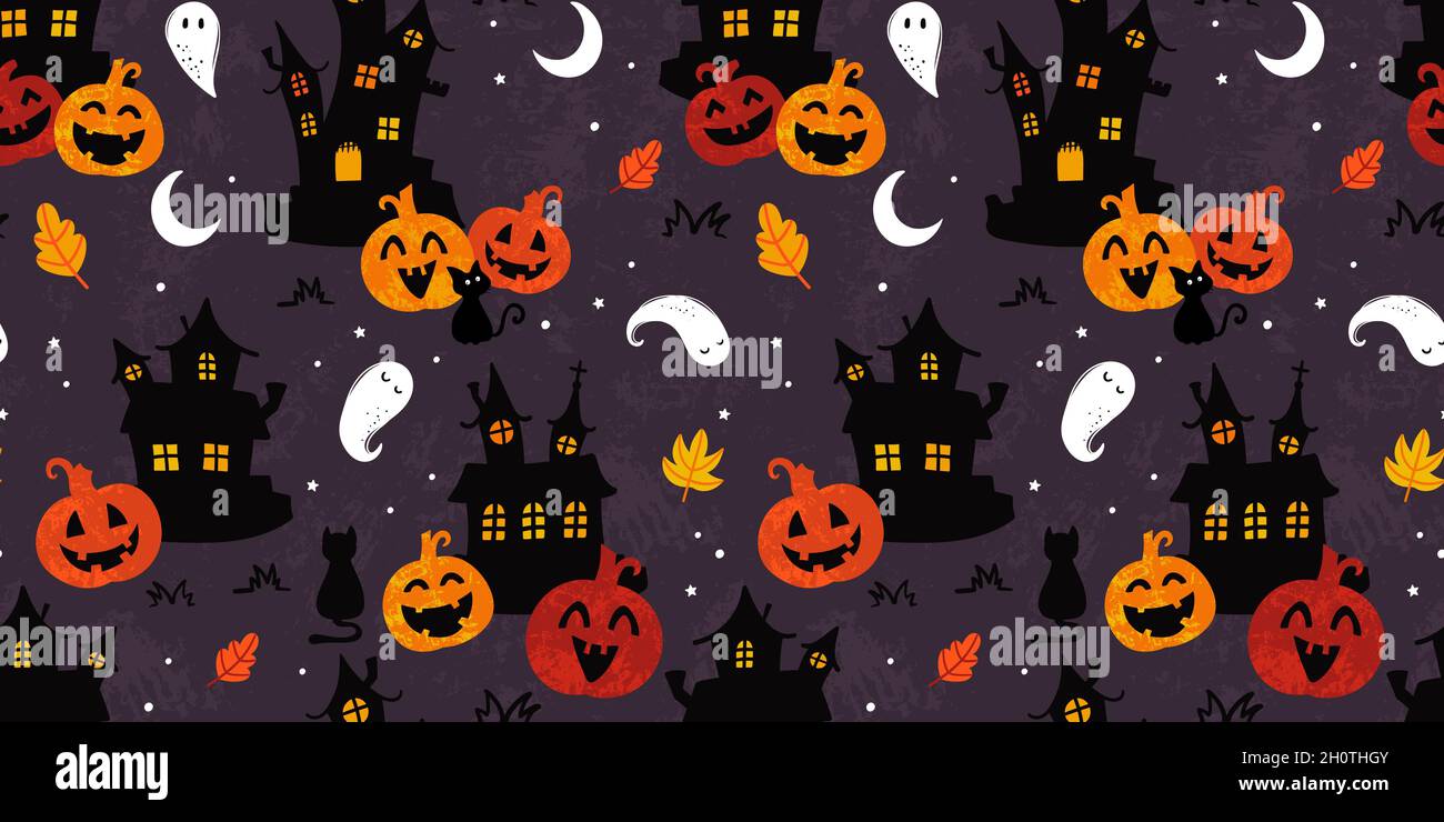 Amusant halloween châteaux sans couture motif, cute fantômes, citrouilles, chats et décoration, idéal pour les bannières,papiers peints, emballage, textiles - conception vectorielle Illustration de Vecteur