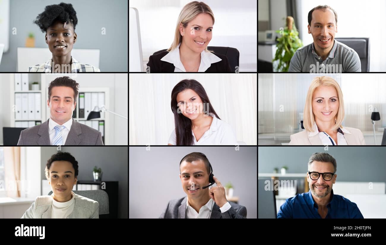 Conférence vidéo en tête de groupe professionnelle. Collage de visages d'avatar Banque D'Images