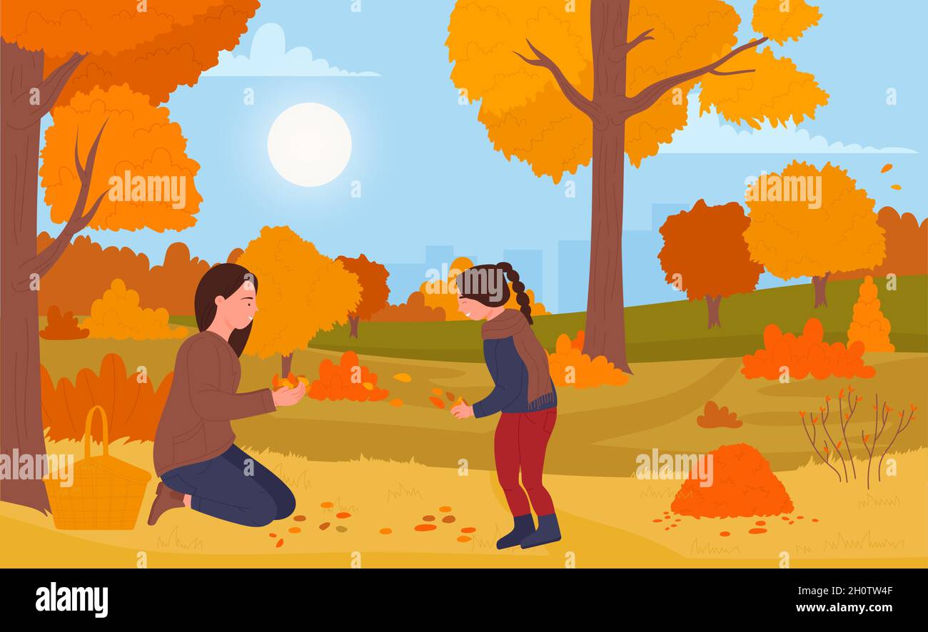 Automne marche de jouer à la famille personnes illustration vectorielle.Caricature bonne mère et fille enfants personnages jouent avec des feuilles d'automne orange, appréciant les loisirs dans le parc naturel et en arrière-plan de la saison d'automne Illustration de Vecteur