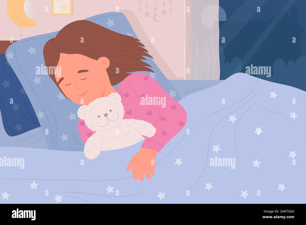 Fille enfant dormant dans le lit avec l'illustration vectorielle d'ours en peluche.Dessin animé petit enfant endormi personnage allongé sur un oreiller sous une couverture, câlin mignon peluche jouet dans un intérieur confortable.Concept Sweet Dreams Illustration de Vecteur