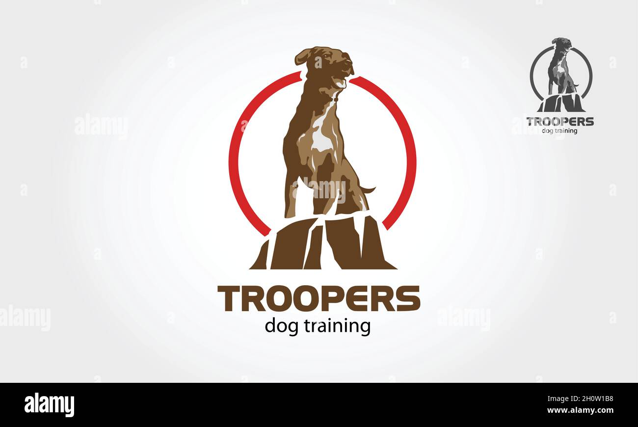 Troopers Dog Training logo design, le concept principal est le chien assis sur le rocher, il est bon pour l'entraînement de chien, chien d'école ou communauté d'amoureux de chien. Illustration de Vecteur