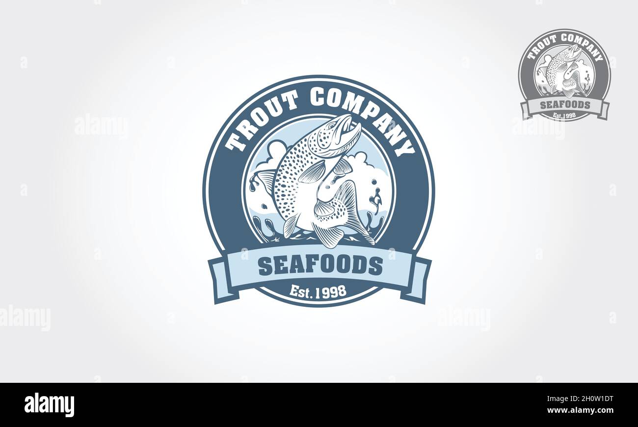 Logo de fruits de mer avec emblème de saumon.Vector vintage Fish pour votre logo.Il est bon pour la ferme de truites, le club de pêche, ou le restaurant de fruits de mer. Illustration de Vecteur