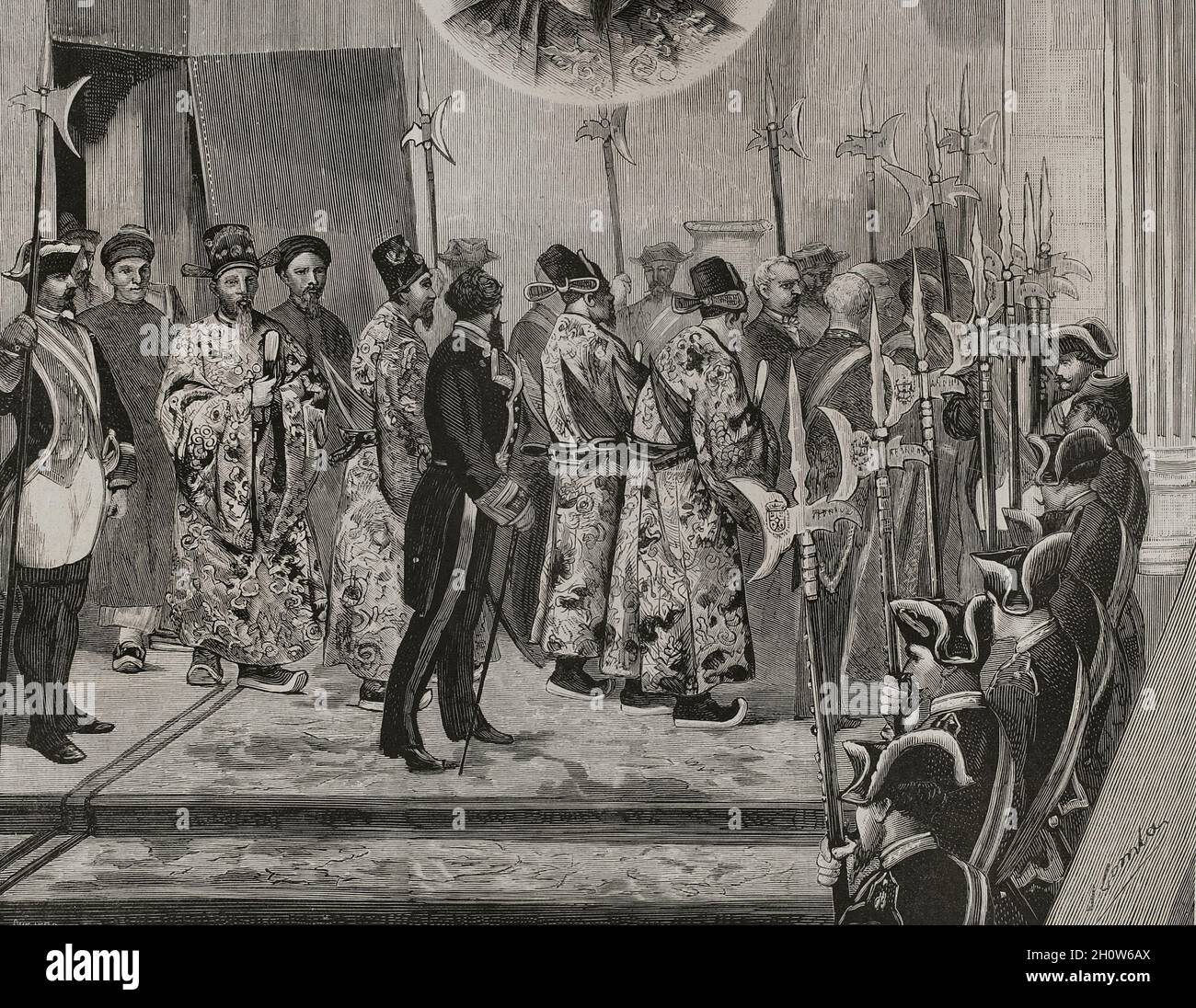 Histoire de l'Espagne.Madrid.Palais royal.Ambassade extraordinaire du roi d'Annam au roi d'Espagne, le 12 mai 1878.Alfonso XII a reçu en public, dans la salle du Trône, les ambassadeurs extraordinaires du roi d'Annam.Antonio Maria Tho, prêtre de la congrégation des missions étrangères et secrétaire interprète de l'ambassade.Gravure représentant les ambassadeurs en route vers les chambres de la Princesse des Asturies, après la réception officielle.Dessin de la vie par Comba.Gravure par Ovejero.La Ilustración Española y Americana, 1878. Banque D'Images
