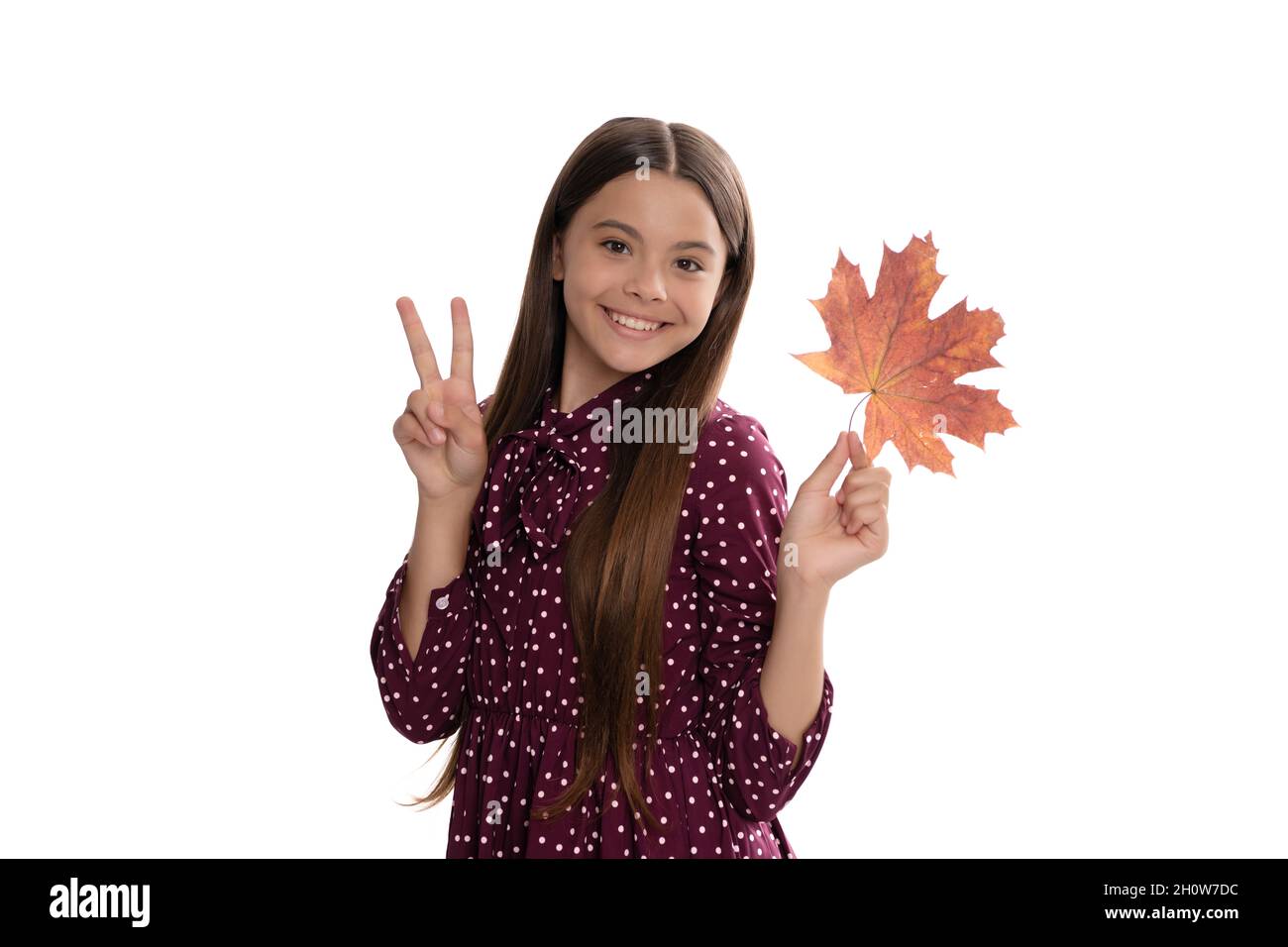 bonne jeune fille en automne avec feuille d'érable isolée sur blanc montrant le geste de paix, la nature Banque D'Images
