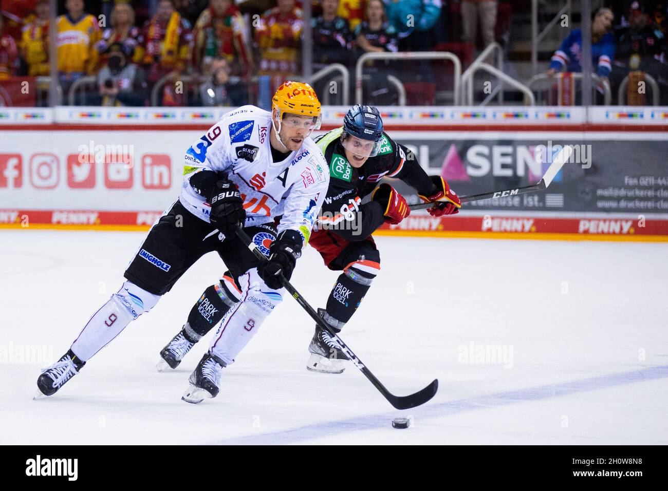 Düsseldorf, Allemagne.14 octobre 2021.Hockey sur glace: DEL, Düsseldorfer EG - Pinguins Bremerhaven, Hauptrunde, Matchday 12, ISS Dome.Stephen Macaulay (r) de Dusseldorf et Jan Urbas de Bremerhaven tentent d'obtenir le palet.Credit: Rolf Vennenbernd/dpa/Alay Live News Banque D'Images