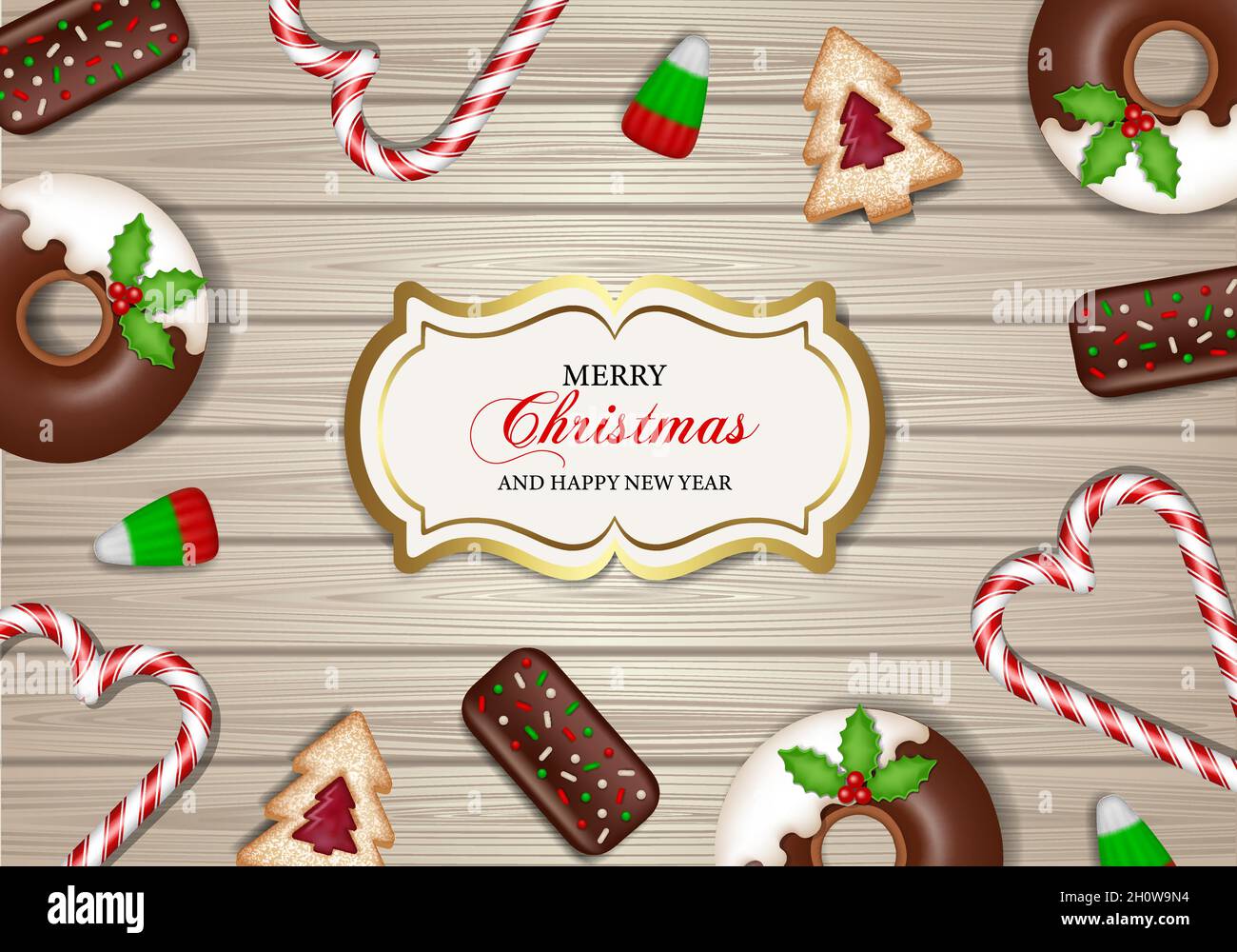 Affiche Joyeux de noël avec biscuits, bonbons et gâteaux sur fond de bois Illustration de Vecteur