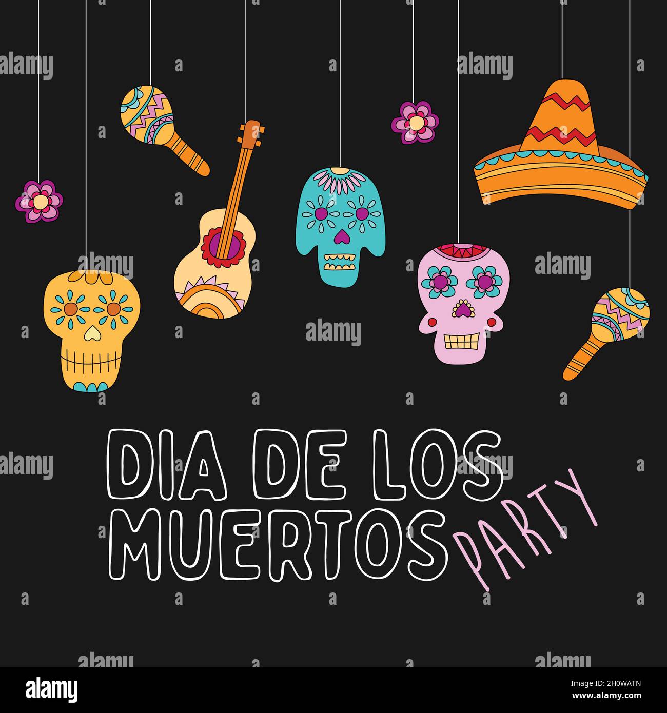 Jour des morts, Dia de los muertos, bannière avec des éléments mexicains colorés.Affiche des fêtes, circulaire de fête, carte de vœux amusante Illustration de Vecteur