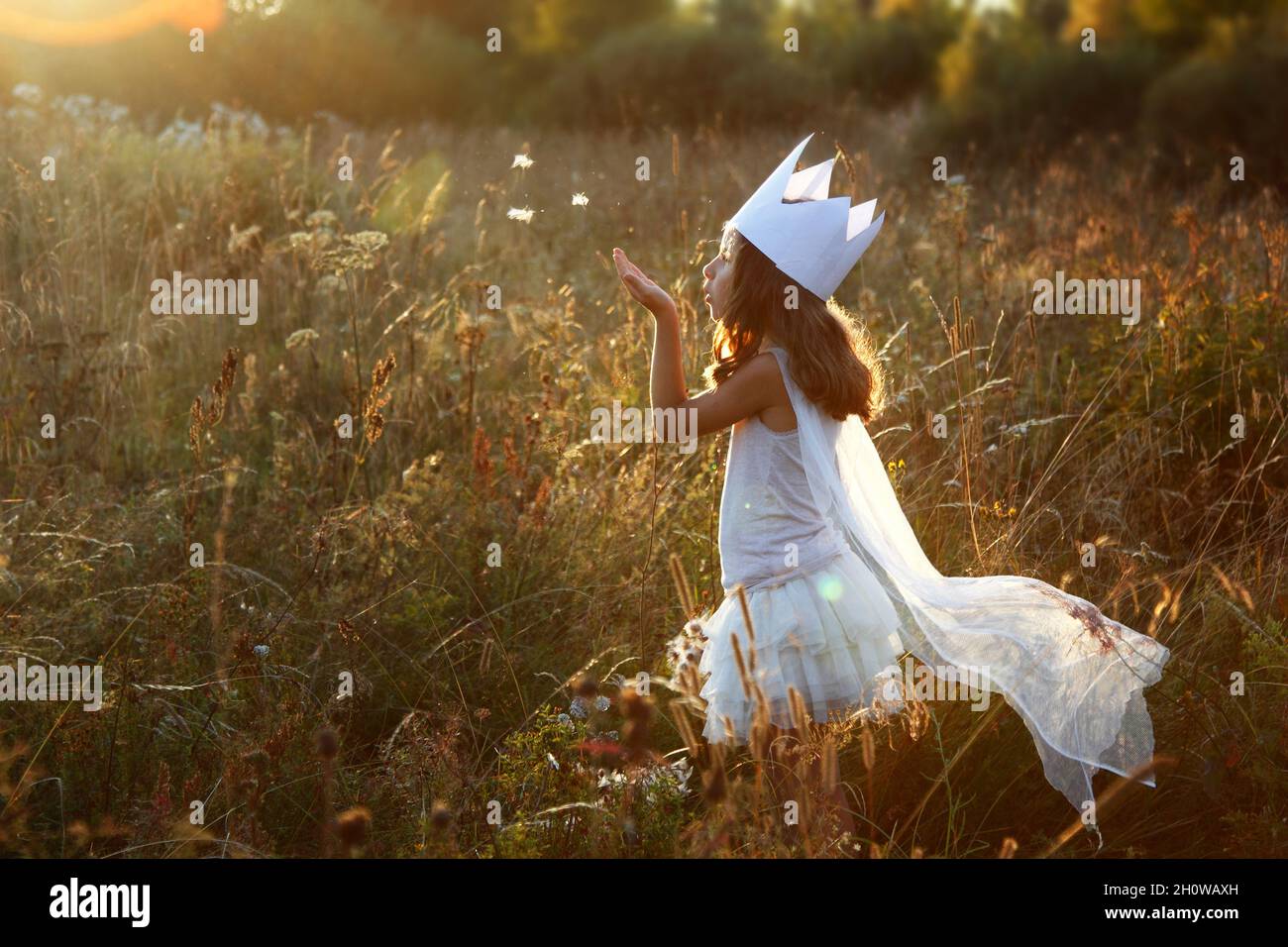 La fille joue la princesse dans la nature. Banque D'Images