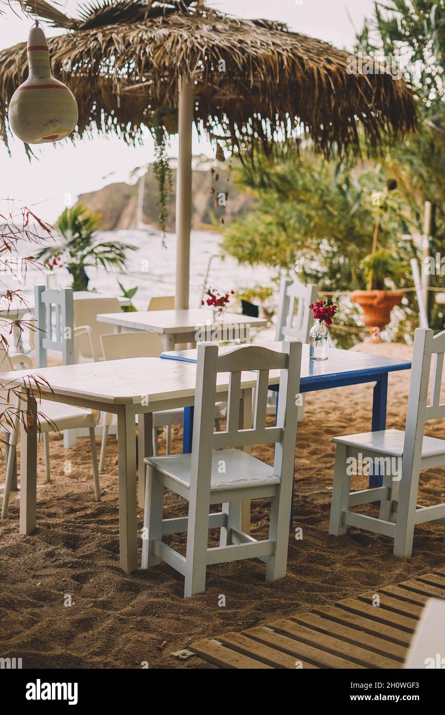 Terrasse avec tables et chaises en bois blanc et palmiers Banque D'Images