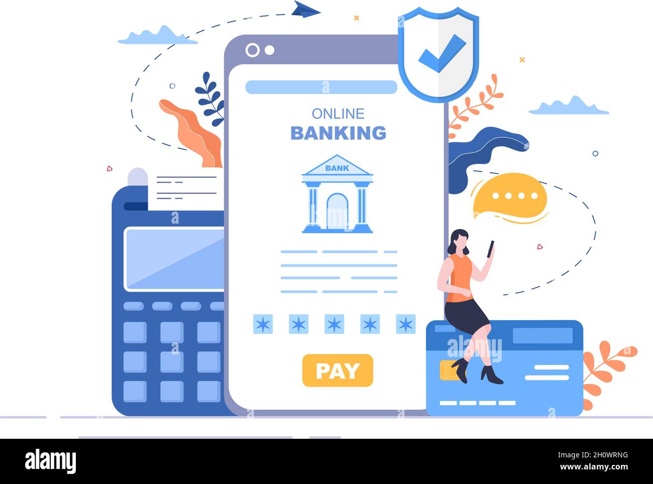 Illustration du vecteur de carte de crédit bancaire, de portefeuille ou d'application E-Banking en ligne avec technologie, protection des données et sécurité des paiements pour les paiements numériques Illustration de Vecteur