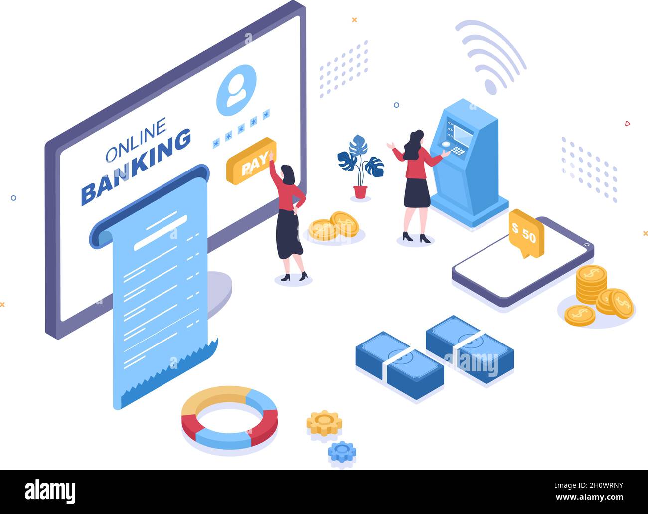 Illustration du vecteur de carte de crédit bancaire, de portefeuille ou d'application E-Banking en ligne avec technologie, protection des données et sécurité des paiements pour les paiements numériques Illustration de Vecteur