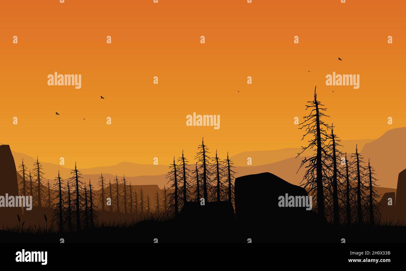 Vue fantastique sur les montagnes avec la silhouette des pins du village au crépuscule.Illustration vectorielle Illustration de Vecteur