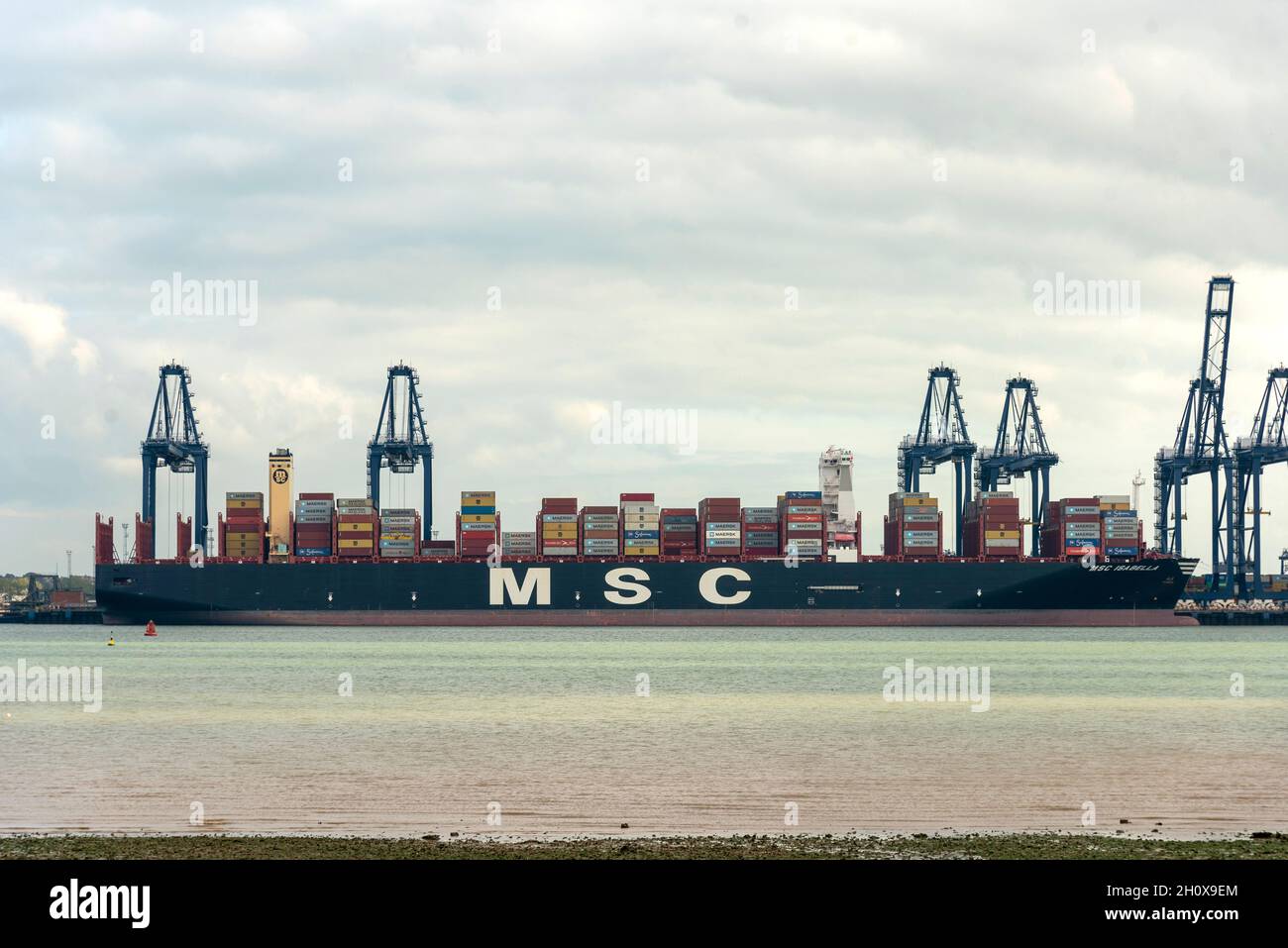 14/10/2021.Felixstowe, Royaume-Uni.Un magasin de fret MSC est amarré au port de Felixstowe qui a dû détourner des navires de l'Asie en raison d'un arriéré de conteneurs non distribués en raison de la pénurie de conducteurs de HGV.AP Moller-Maresk, la plus grande compagnie de conteneurs au monde, a dû charger des conteneurs sur de plus petits navires à destination du Royaume-Uni.Cela a un effet perturbateur puisque l'industrie du transport maritime entre dans la période de livraison avant Noël avec une pénurie possible de produits de Noël vendus au Royaume-Uni. Banque D'Images