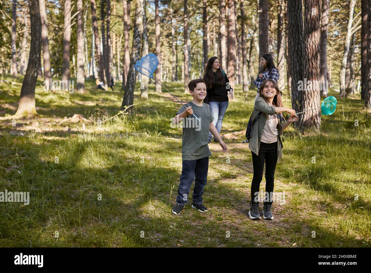 Famille avec enfants marchant dans la forêt Banque D'Images