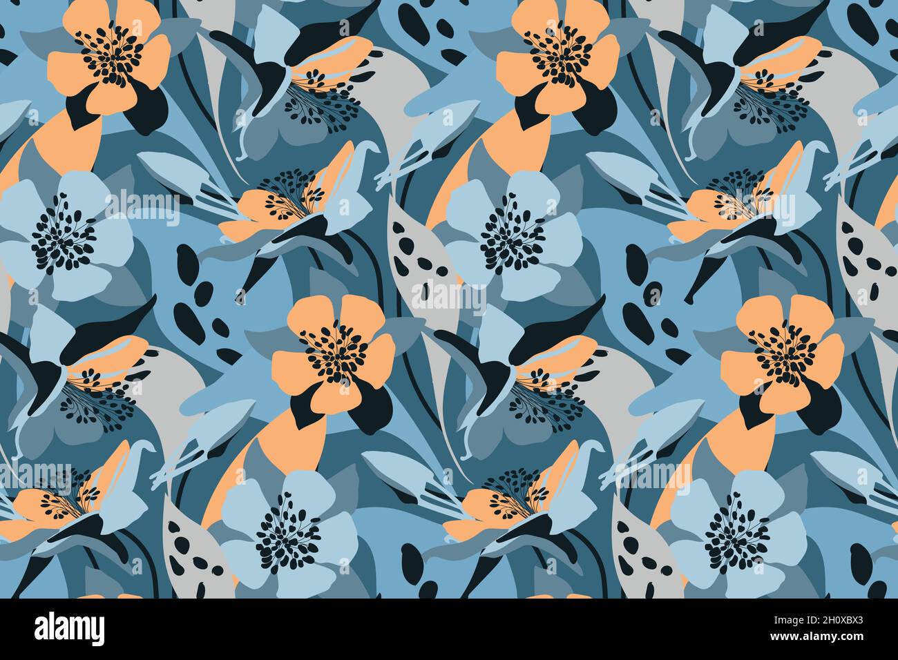 Motif fleuri vectoriel sans coutures.Fond floral.Orange, fleurs bleues. Illustration de Vecteur