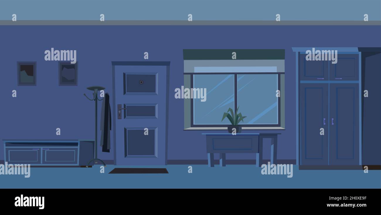 Porte du couloir.Chambre confortable dans un bâtiment résidentiel la nuit.Mur et fenêtre.Mobilier à l'intérieur.Obscurité.Illustration style dessin animé plat desi Illustration de Vecteur