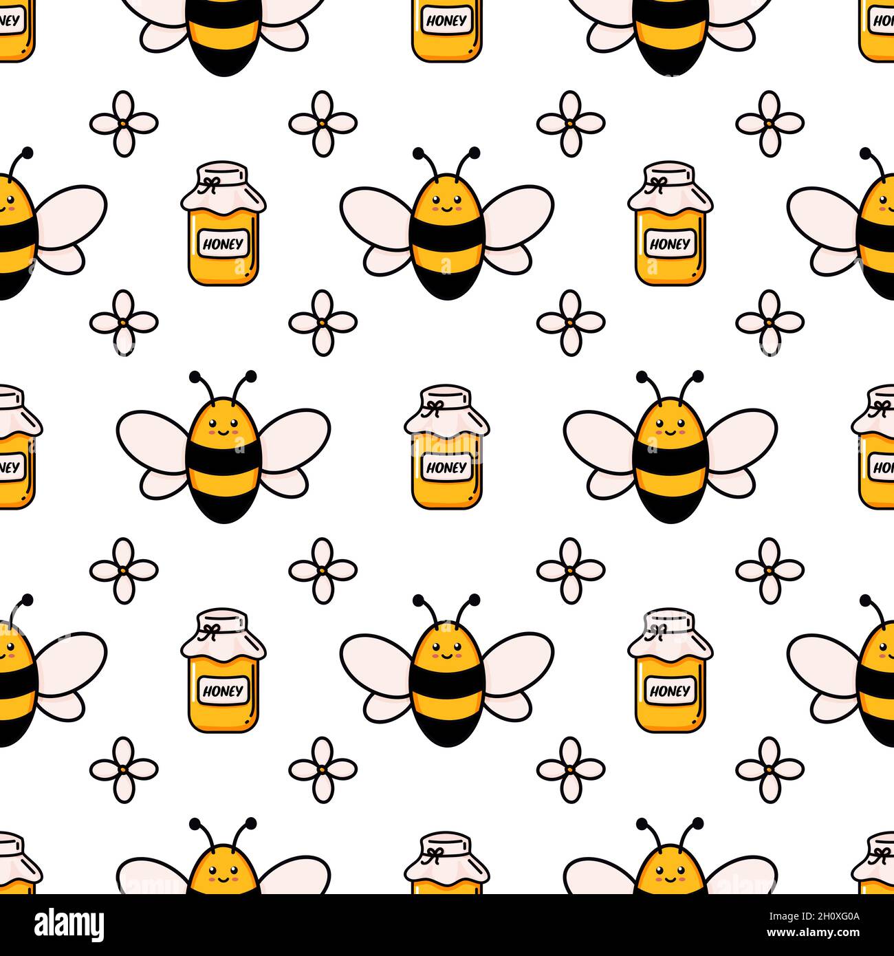 Motif mignonne sans coutures abeille. Papier numérique d'illustration à motif de feuilles de dessin animé, fleurs et nid d'abeilles, isolé sur fond blanc, idéal pour les imprimés en tissu pour enfants Illustration de Vecteur