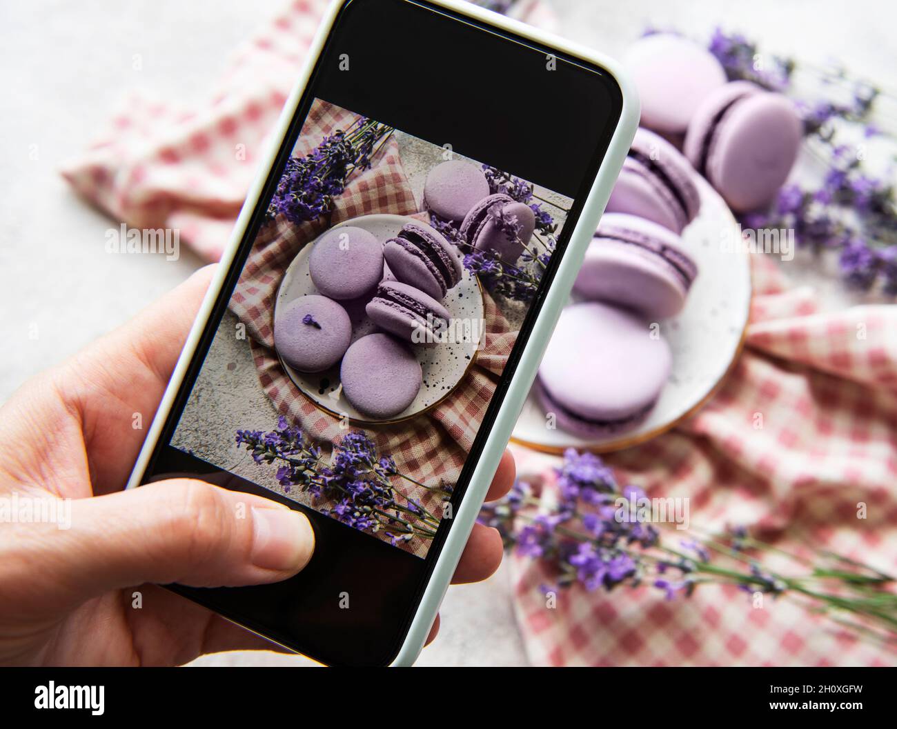 Concept de photographie alimentaire. Photo de desserts français macaron à la lavande prise sur un smartphone Banque D'Images