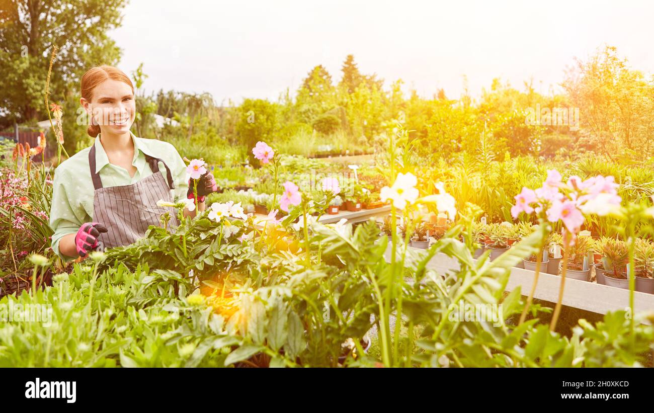 Jeune femme heureuse faisant de la formation comme fleuriste dans le jardinage en été Banque D'Images