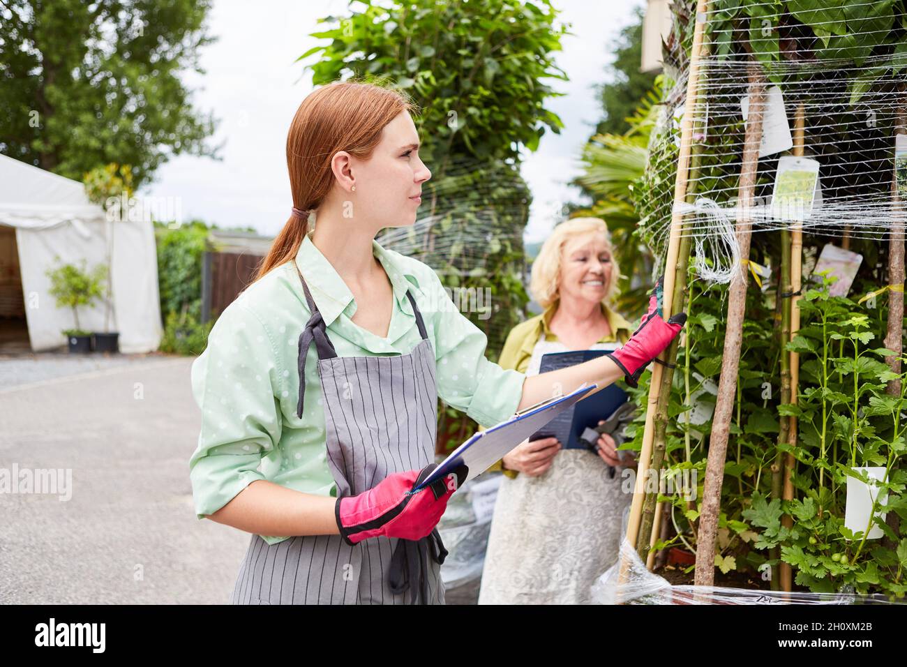 Équipe de jardiniers avec liste de contrôle lors de la vérification de la livraison de fleurs dans le centre du jardin Banque D'Images