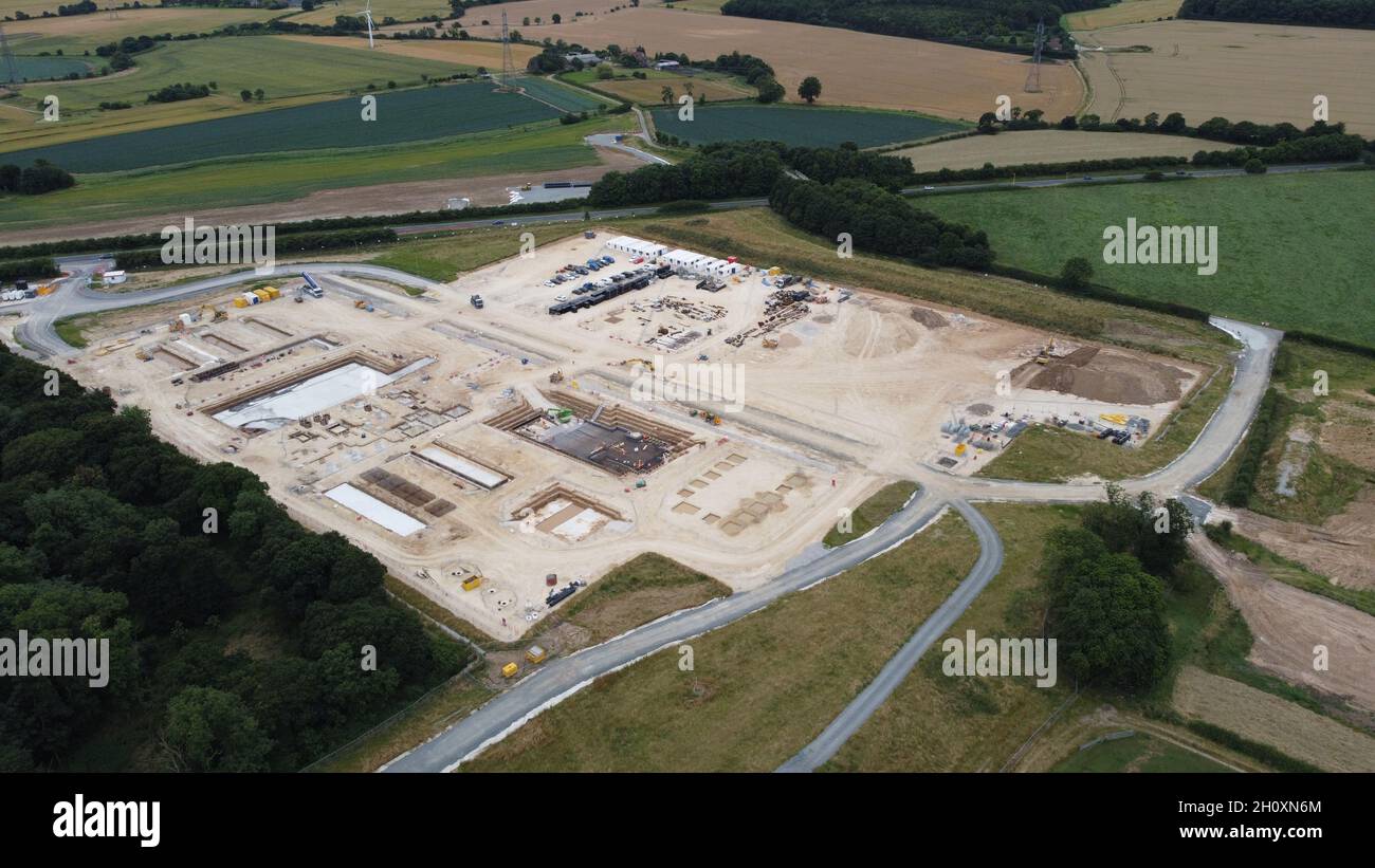 Vue aérienne du début des travaux de terrassement pour les 3.6 stations de conversion de parc d'éoliennes offshore GW Dogger Bank, A1079, Beverley, East Riding of Yorkshire, Royaume-Uni Banque D'Images