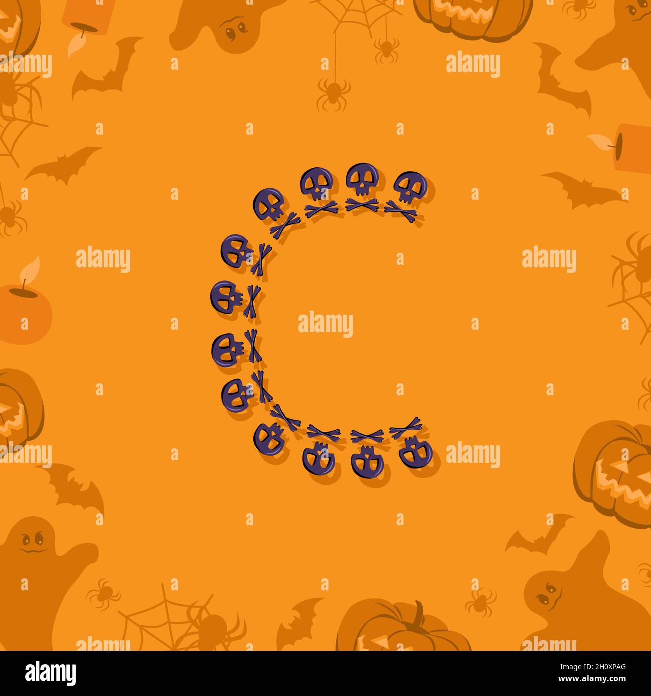 Halloween lettre C de crânes et de crossones pour le design.Police festive pour les vacances et la fête sur fond orange avec citrouilles, araignées, chauves-souris et fantômes Illustration de Vecteur