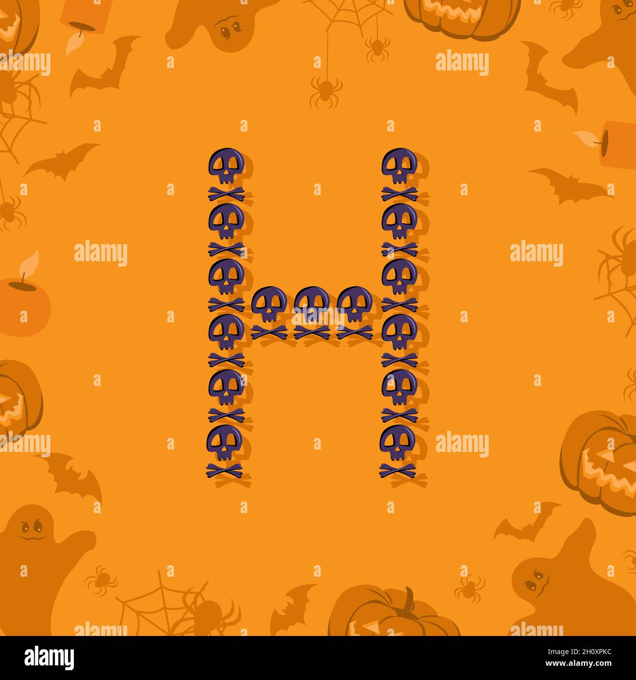 Halloween lettre H de crânes et de crossones pour le design.Police festive pour les vacances et la fête sur fond orange avec citrouilles, araignées, chauves-souris et fantômes Illustration de Vecteur