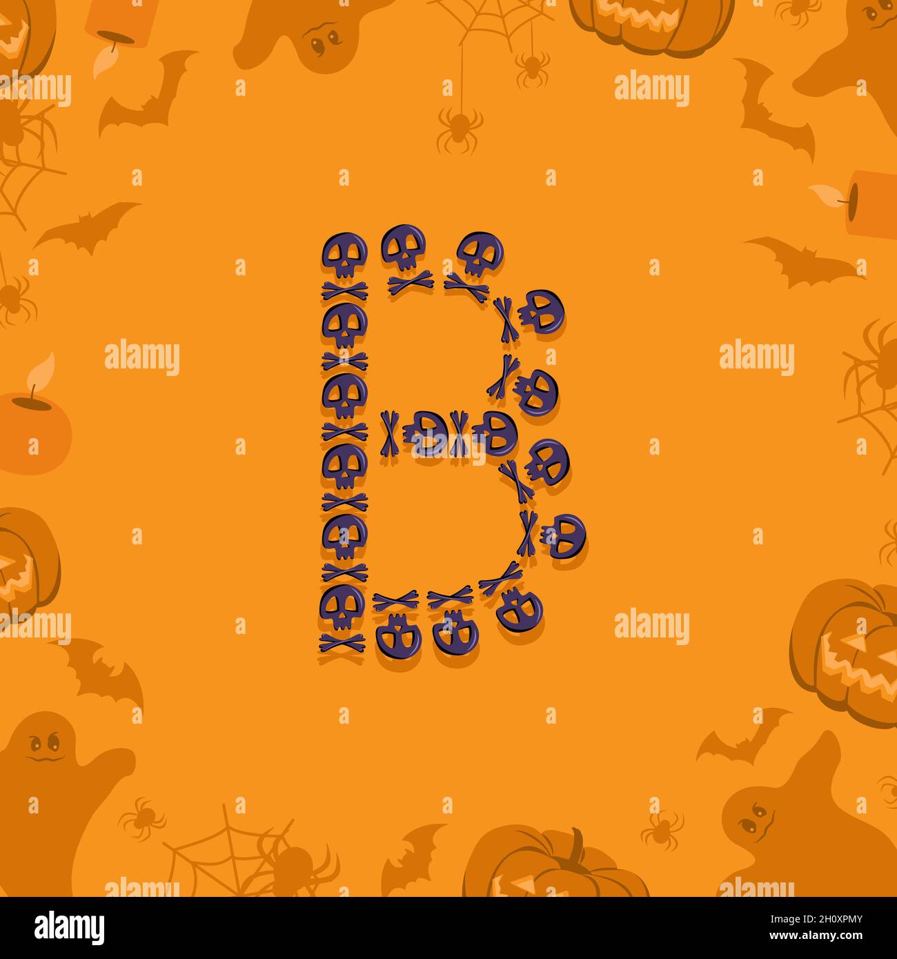 Lettre d'Halloween B des crânes et des crossones pour le design.Police festive pour les vacances et la fête sur fond orange avec citrouilles, araignées, chauves-souris et fantômes Illustration de Vecteur