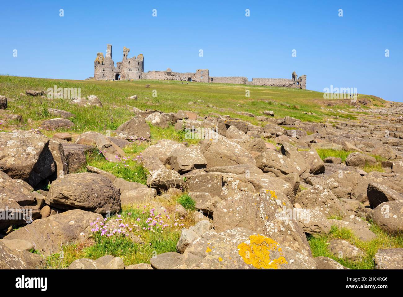 Château de Dunstanburgh Northumberland Angleterre vue de la côte rocheuse près du village de Cester Northumberland côte Angleterre GB Royaume-Uni Europe Banque D'Images