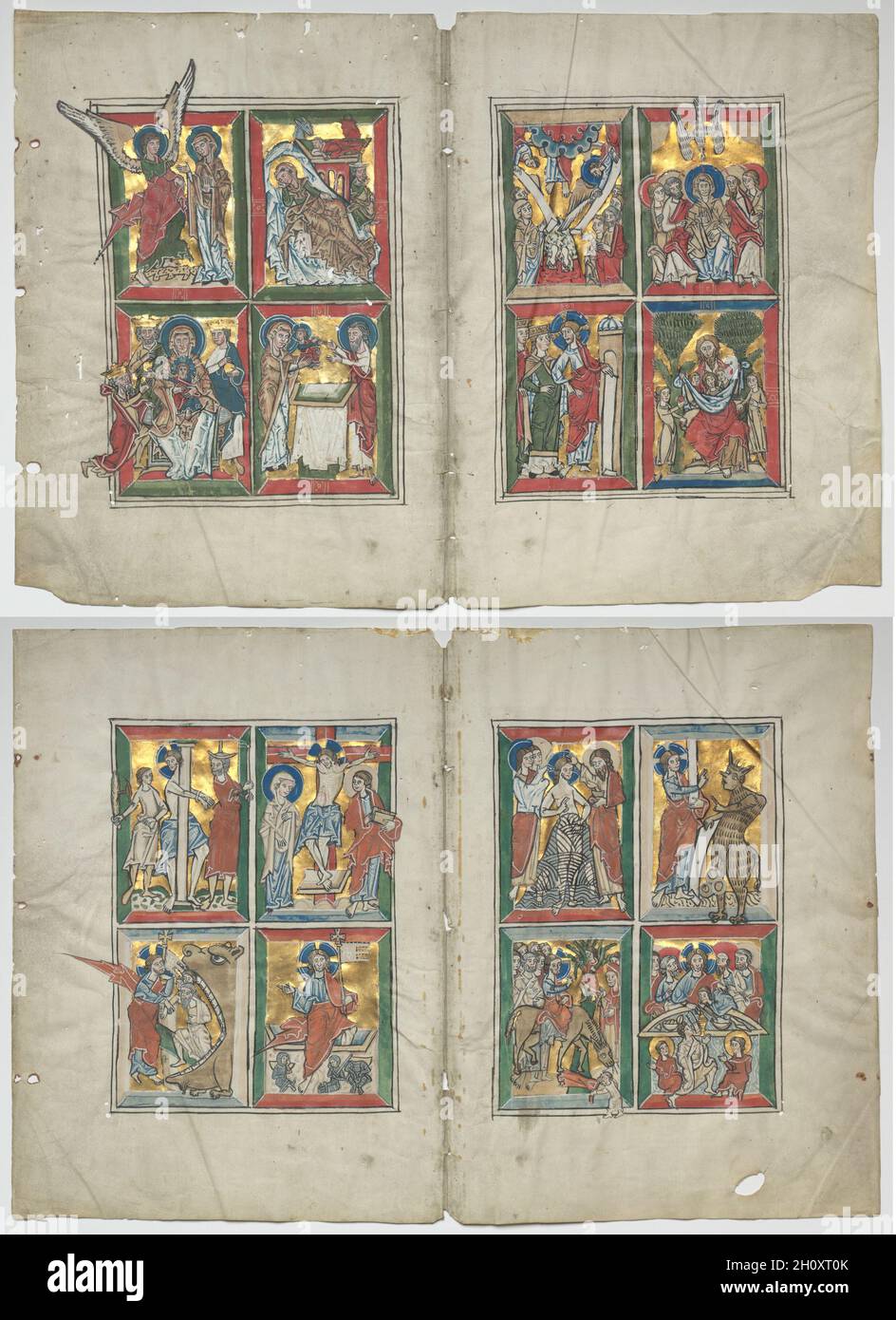 Bifolia avec des scènes de la vie du Christ, 1230-1240.Allemagne, Basse-Saxe (diocèse de Hildesheim), Braunschweig(?), XIIIe siècle.Tempera, et or sur vélin; encadré: 48.3 x 63.5 cm (19 x 25 in.); hors tout: 30.7 x 45.2 cm (12 1/16 x 17 13/16 in.); avec un intérieur: 40.6 x 55.9 cm (16 x 22 in.).Cette paire de bifolia se compose de deux feuilles de vélin chacune repliées en deux pour créer quatre feuilles.Dans le volume lié, ils auraient été insérés l'un à l'intérieur de l'autre pour former une partie d'un grand psautre ou d'un livre des psaumes.Les miniatures décorant chaque feuille sont subdivisées en quatre petits panneaux a Banque D'Images