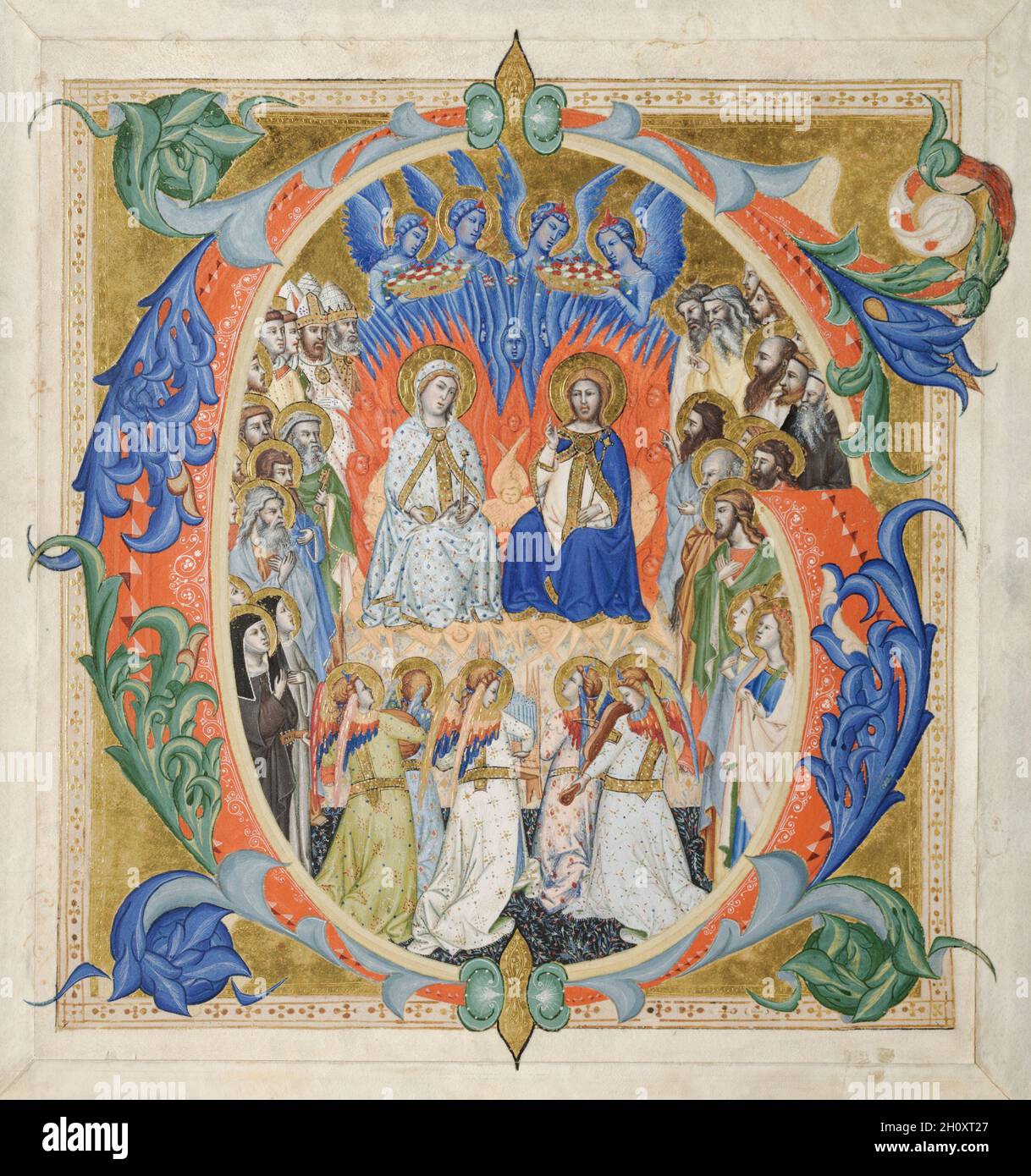 G initial [audeamus omnes] d'un graduel: La Cour du ciel, 1371-77.Don Silvestro dei Gherarducci (italien, 1339-1399).Encre, tempera et or sur vélin; feuille: 38.6 x 36.5 cm (15 3/16 x 14 3/8 po.); encadrée: 68.9 x 53 cm (27 1/8 x 20 7/8 po.); avec un dessus: 63.5 x 47.6 cm (25 x 18 3/4 po.).Ce G initial élégant et coloré vient d'un ensemble de livres choraux multiples illuminés par Don Silvestro, un moine camaldolais, pour son monastère de Santa Maria degli Angeli à Florence.Dans le livre original, cette première aurait introduit le texte: Gaudeamus omnes in Domino ("soyons ici pour nous réjouir dans le Lo Banque D'Images