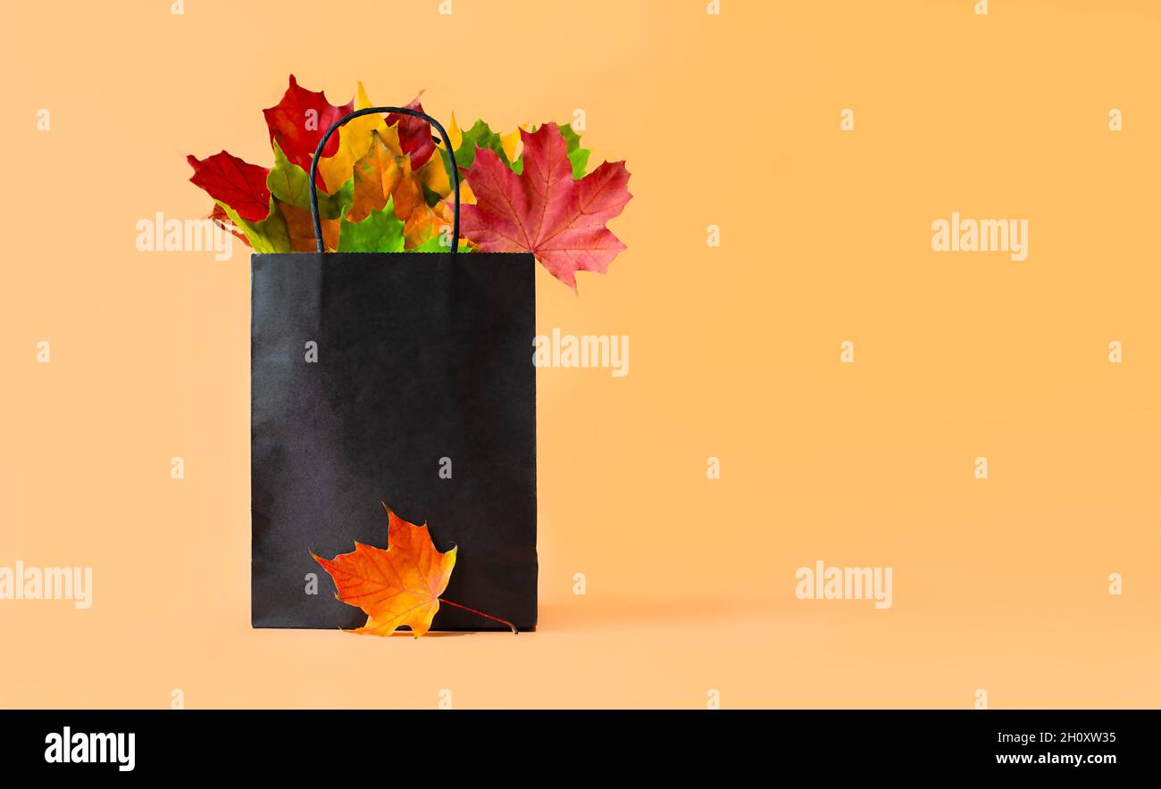 Feuilles d'automne dans un sac sur fond orange.Composition saisonnière pour les mises en page, modèle avec place pour le texte.Concept - Vente d'automne, voyage shopping. Banque D'Images