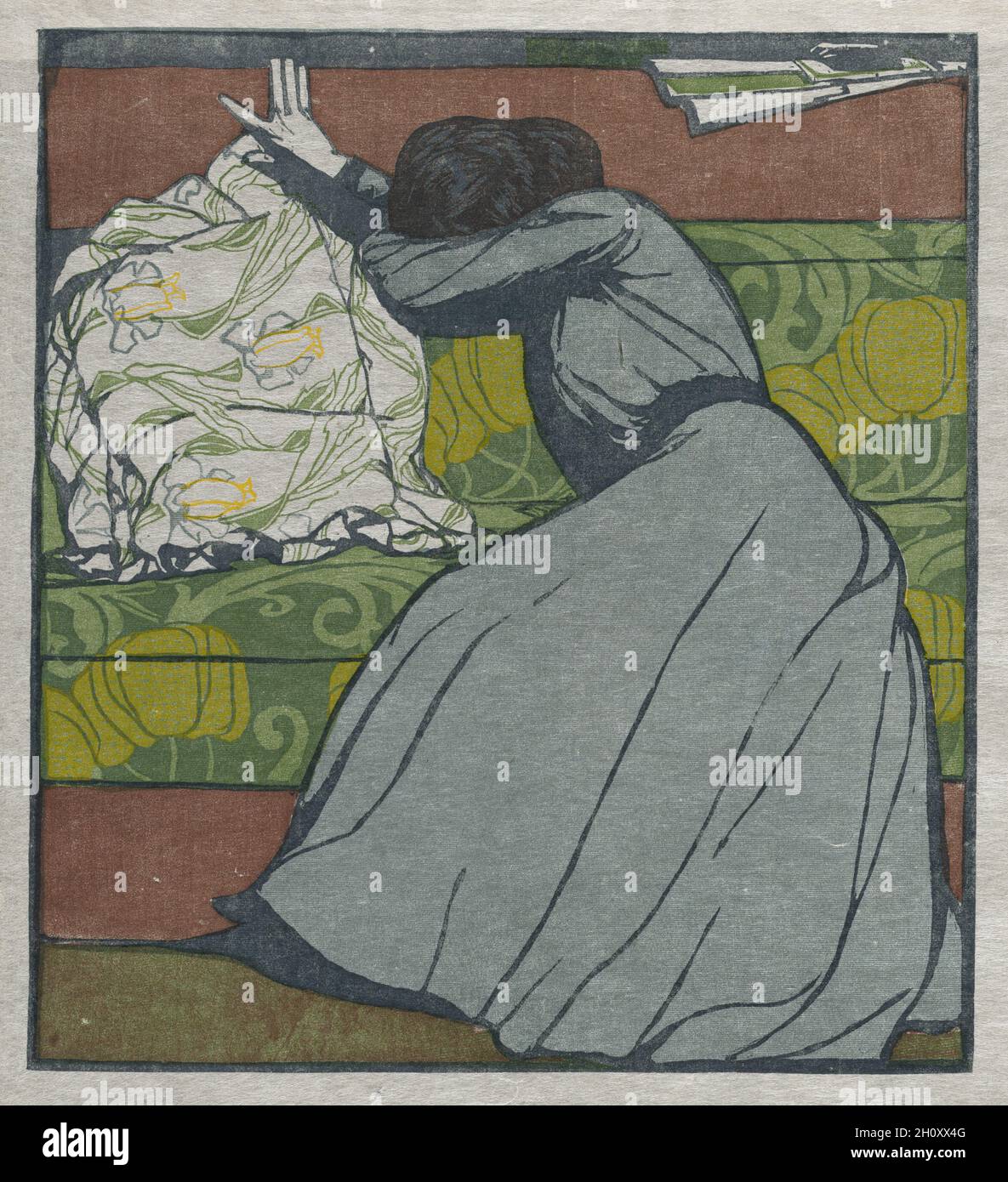 Le coussin (Martha Kurzweil assis sur un divan), 1903.Max Kurzweil (autrichien, 1867-1916).Coupe de bois imprimée en couleurs (jaune, vert, marron, bleu, noir);feuille : 38.6 x 30.5 cm (15 3/16 x 12 po.); image : 28.5 x 25.9 cm (11 1/4 x 10 3/16 po.). Banque D'Images