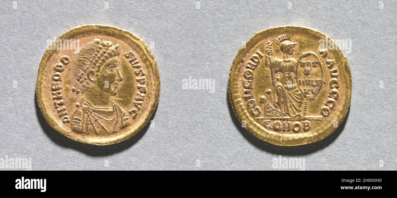 Solidus de Theodosius I The Great , AD 383-88.Byzance, Constantinople, période byzantine, 4ème siècle.Or; diamètre: 2.1 cm (13/16 po).Pièces d'or byzantines le grand nombre de pièces byzantines survivantes atteste du niveau du commerce à travers l'empire.Contrôlés et supervisés par l'empereur, les producteurs de pièces de monnaie ont pris soin de représenter son autorité et de refléter sa stature.Des artistes talentueux ont été recrutés pour graver les matrices (moules) utilisées pour la frappe des pièces.Les empereurs arrivèrent de plus en plus à inclure leurs héritiers et co-empereurs dans leur monnaie, ainsi que d'autres membres de la famille ou même Banque D'Images