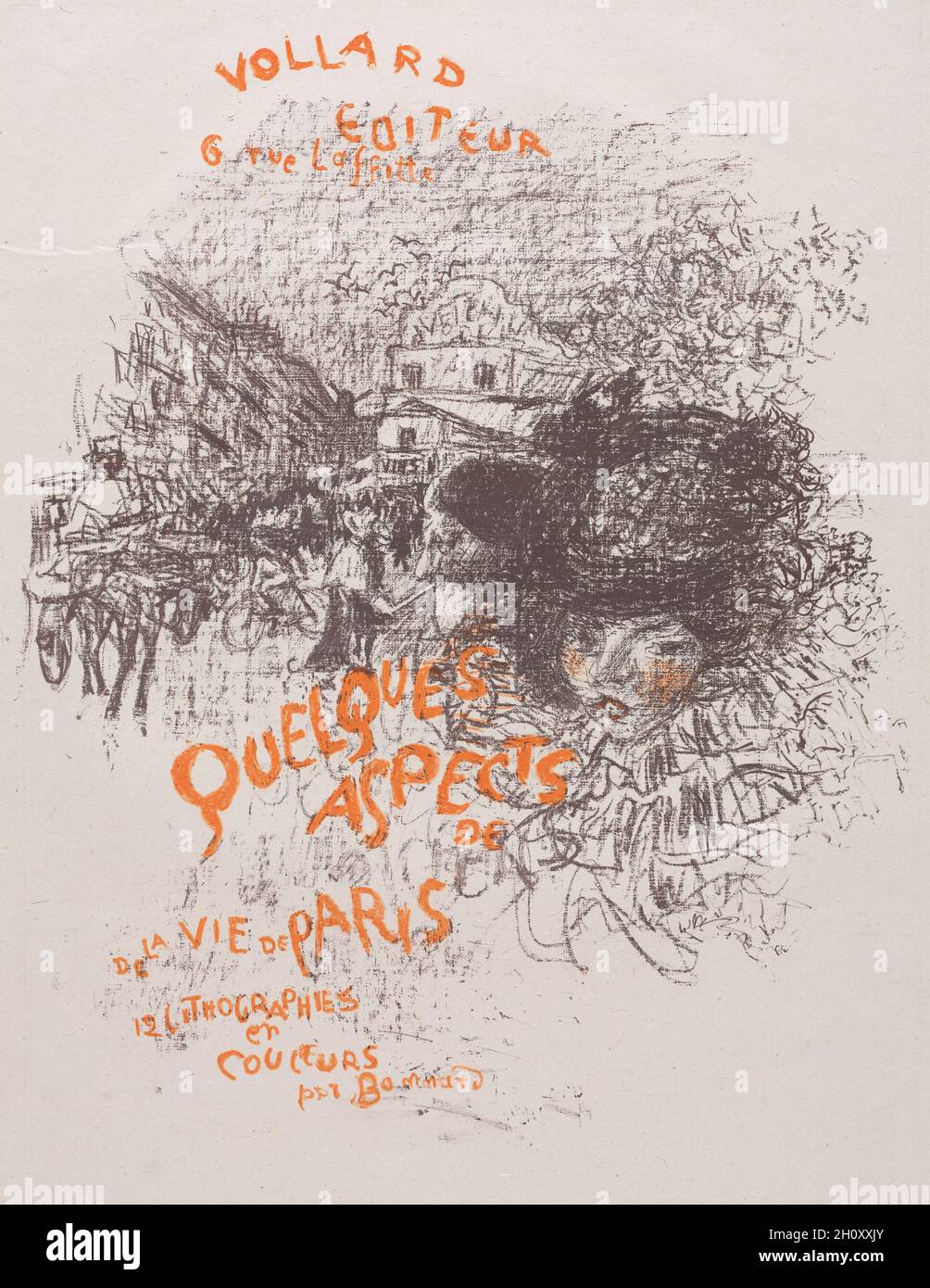 Quelques scènes de la vie parisienne, 1899.Pierre Bonnard (français, 1867-1947).Lithographie; feuille: 53.5 x 40.4 cm (21 1/16 x 15 7/8 po.); image: 41.5 x 33.9 cm (16 5/16 x 13 3/8 po.).Cette suite de lithographies en couleur a recueilli les observations de Pierre Bonnard sur la vie urbaine, allant de scènes de rue animées à des observations lointaines vues depuis la fenêtre du studio de Montmartre de l'artiste.Plutôt que de se souvenir des célèbres monuments de Paris, Bonnard préférait représenter de petites scènes de quartier peuplées par les magasins et les promenades des citadins et par les vendeurs vendant leurs marchandises.Le réglage de l'un des prin Banque D'Images