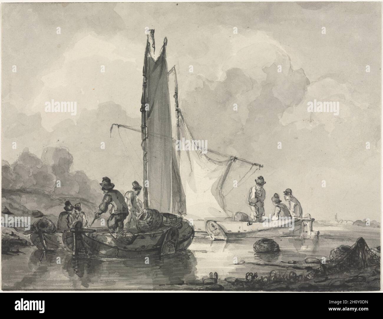 Paysage de rivière avec pêcheur et trois bateaux, deuxième troisième XIXe  siècle.Albertus van Beest (néerlandais, 1820-1860).Pinceau et encre noire  et grise et pinceau, lavage gris et graphite, avec des traces de pointe