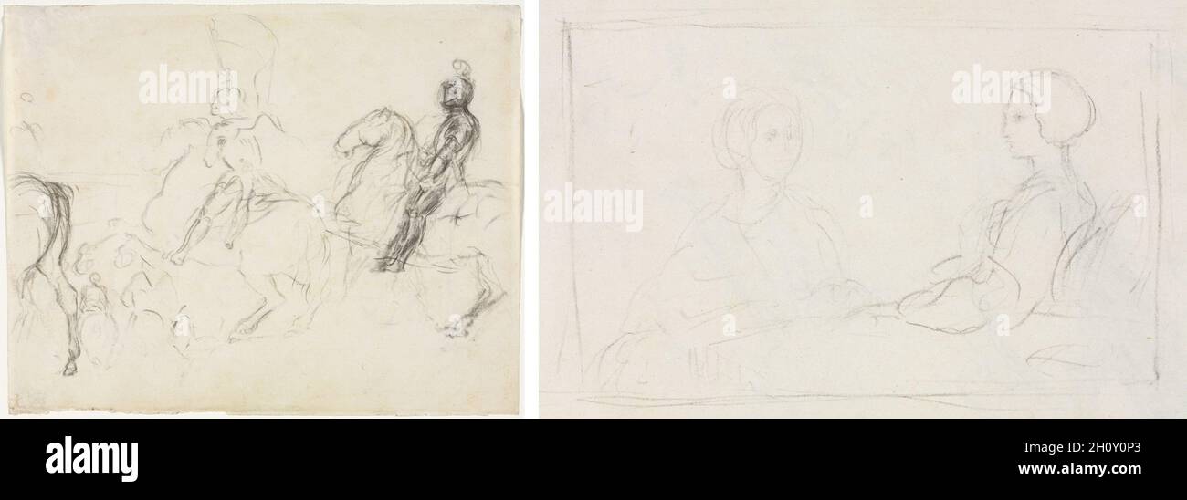 Scène de bataille avec figurines d'armored à cheval (recto) deux femmes assises (verso), 1856–60.Edgar Degas (français, 1834-1917).Crayon noir; feuille: 17 x 21.3 cm (6 11/16 x 8 3/8 po). Banque D'Images