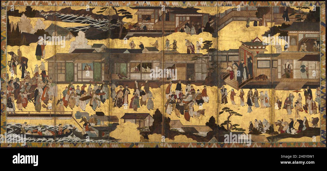 Arrivée des 'Barbarians du Sud', c.1600. Japon, période de Momoyama (1573-1615).Une paire d'écrans pliants à six panneaux ; encre, couleur et or sur papier ; image : 146.7 x 337.2 cm (57 3/4 x 132 3/4 po).Dans cet écran, un formidable navire portugais avec son rigeage fantaisiste arrive dans un port japonais, au grand plaisir des habitants.L’attention portée par l’artiste anonyme aux détails dans la représentation des gens, souvent regroupés en vignettes, fait de la scène une scène attrayante, accentuée par l’utilisation de nuages d’or qui font le portrait à travers la composition.Près du haut de l'écran gauche, riche W Banque D'Images