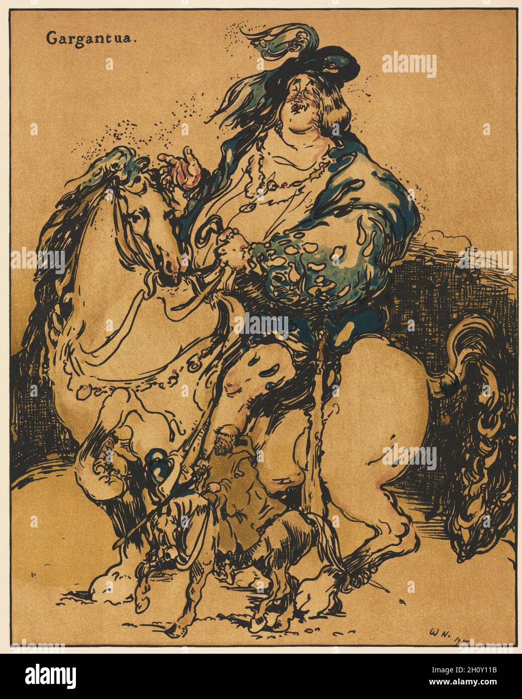Portefeuille de 16 lithographies : personnages de romance : Gargantua, 1900.William Nicholson (britannique, 1872-1949).Lithographie couleur; feuille: 50.5 x 40.6 cm (19 7/8 x 16 po.); image: 34.4 x 27.4 cm (13 9/16 x 10 13/16 po.). Banque D'Images
