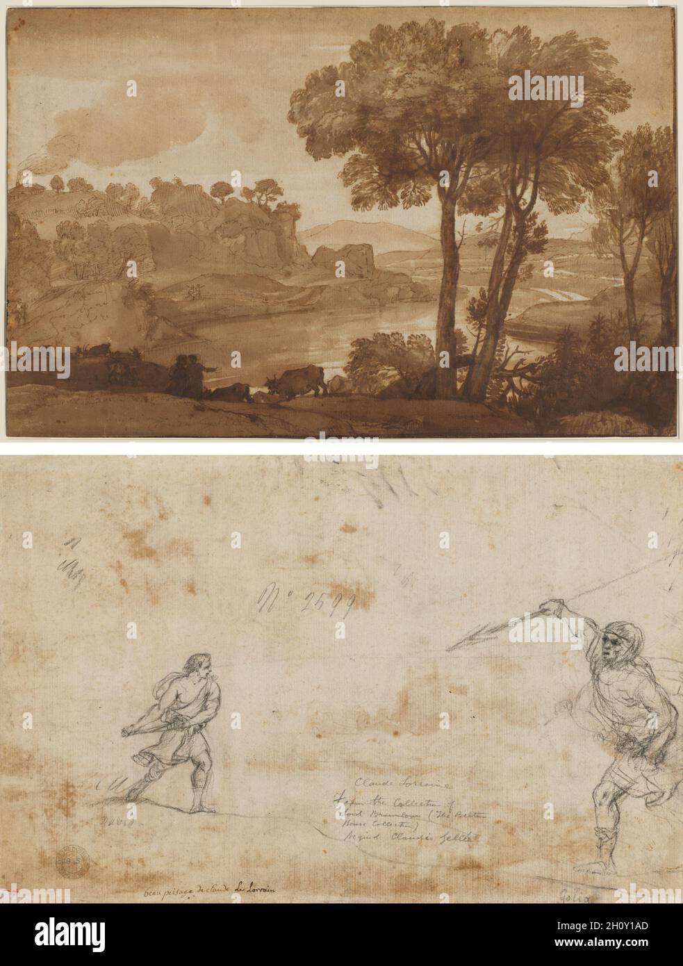 Vue de l'Acqua acetosa (recto); David et Goliath (verso), c.1645. Claude Lorrain (français, 1604-1682).Encre et pinceau bruns et stylo et lavage brun sur graphite, lignes de charpente à l'encre brune; feuille: 26 x 40.5 cm (10 1/4 x 15 15/16 po).Ce dessin représente une vue de la célèbre Acqua acetosa, une source minérale qui jusqu'au XIXe siècle a fourni l'eau potable préférée des Romains qui croyaient en ses pouvoirs de guérison.Bien que topographiquement précis, la feuille n'est pas une étude plein-air mais une vision d'un monde arcadien imaginé soigneusement rendu par Gellée, l'un des plus originaux de la douleur Banque D'Images