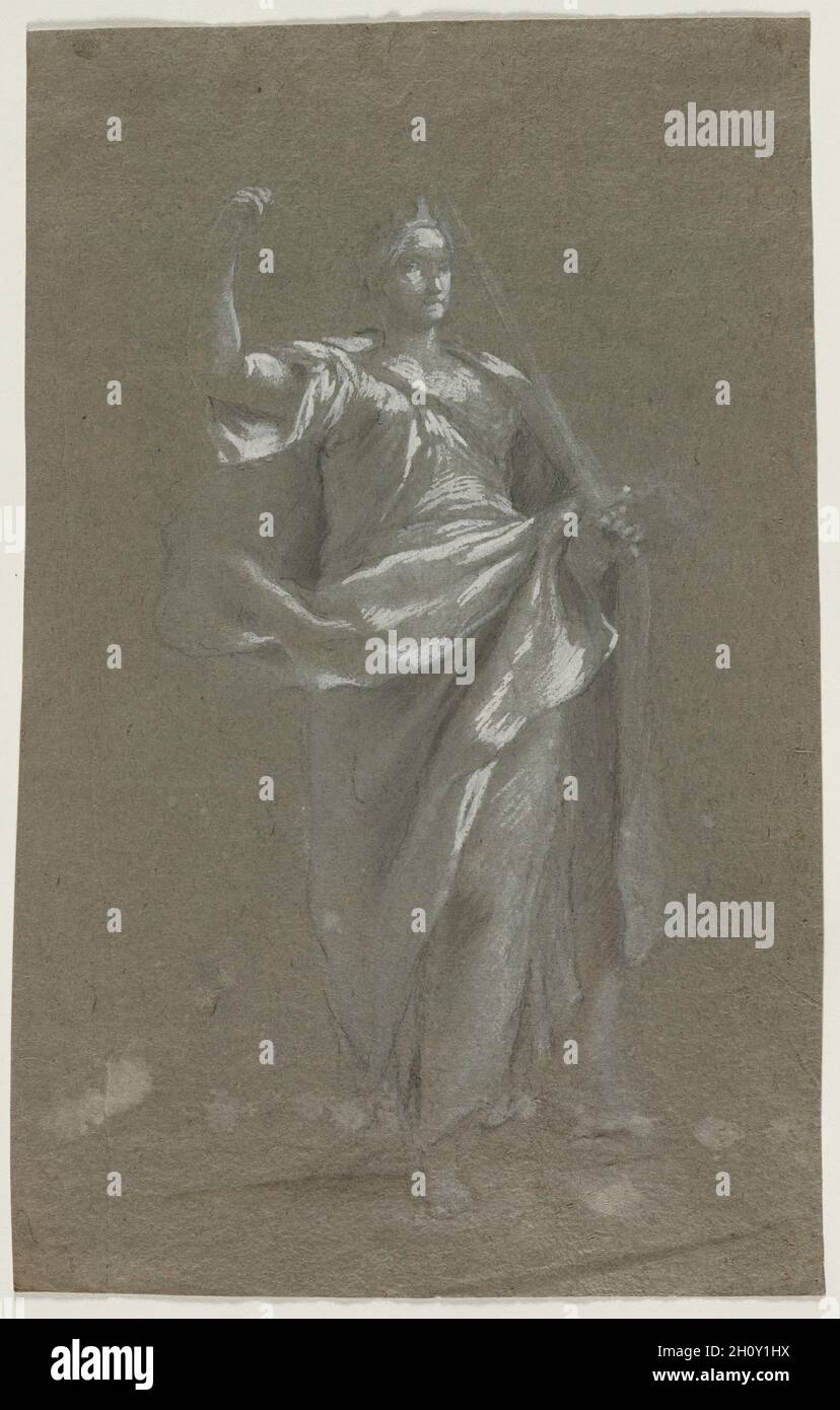 Figure allégorique (recto et verso) , 1800s ?. Anonyme. Craie noire et pinceau et lavage brun et gris rehaussée de gouache blanche et grise, avec des traces de stylet et de craie blanche ; feuille : 40 x 25,3 cm (15 3/4 x 9 15/16 in.). Banque D'Images