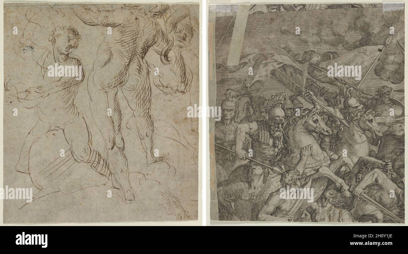 Laocoön (recto) ; la bataille de pont Milvius (fragment) (verso), seconde moitié du xvie siècle. Italie, 16e siècle. Plume et encre brune ; feuille : 27,4 x 24,4 cm (10 13/16 x 9 5/8 in.). Banque D'Images