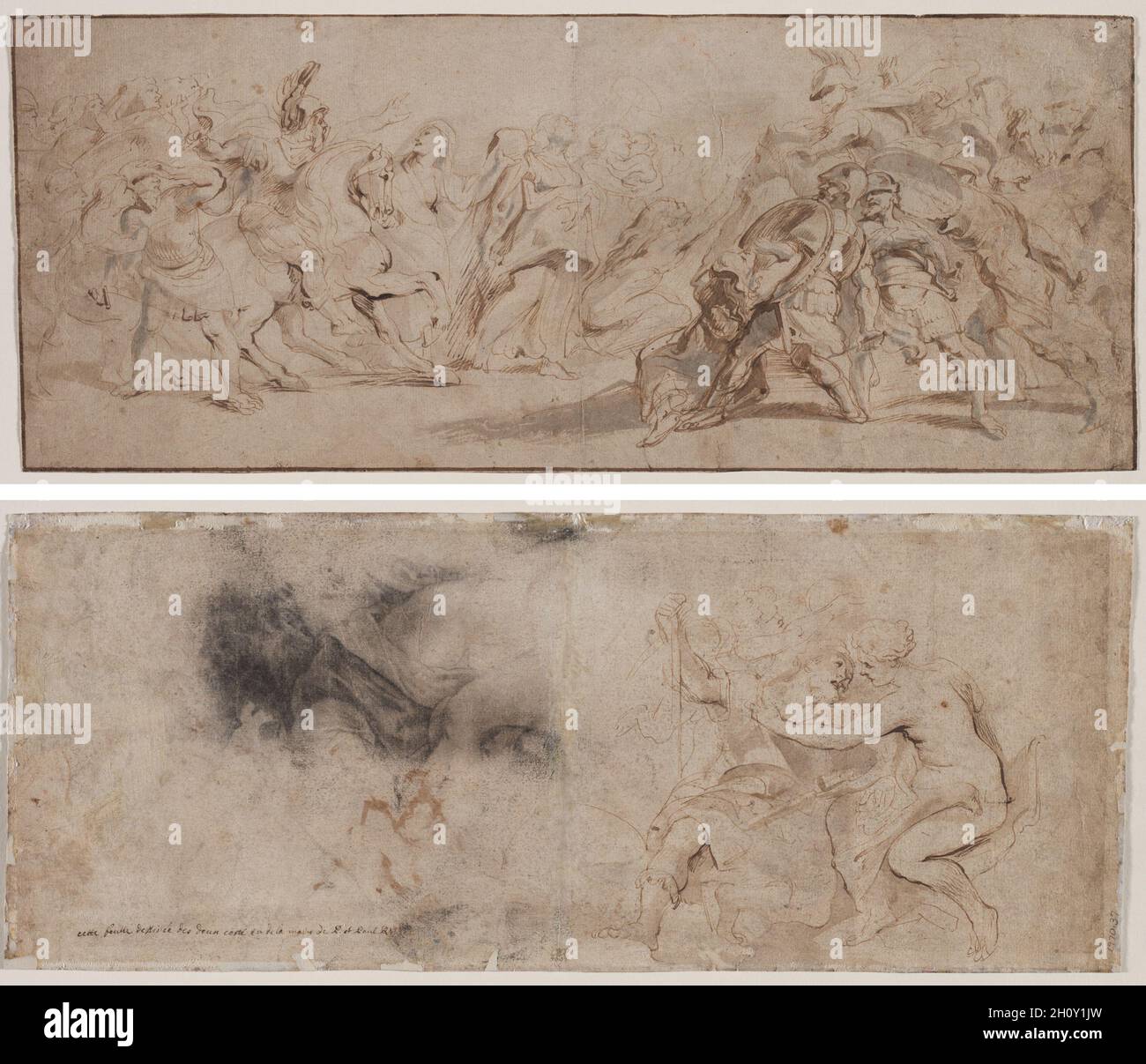 Réconciliation des Romains et des Sabines (recto) Vénus désarmant Mars, étude de la drapererie (verso) , c.1632/35.Peter Paul Rubens (flamand, 1577-1640).Encre et pinceau bruns et stylo et lavage gris et brun; lignes de cadrage à l'encre brune; feuille: 19.9 x 49.2 cm (7 13/16 x 19 3/8 po.). Banque D'Images